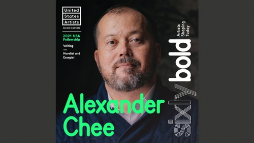 Alexander Chee's face is in the center of this image, with his name in a green font in the foreground and "sixty bold artists shaping today" written vertically on the right side of his face
