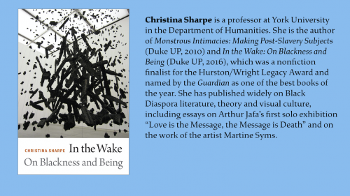 An image of Christina Sharpe's book next to her bio (in the article below) with a blue background