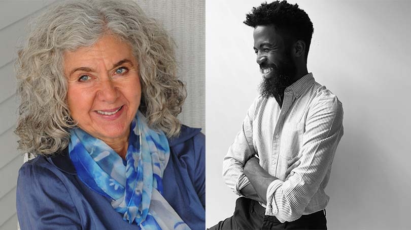 On the left, a headshot of Cleopatra Mathis. She is wearing a blue blouse and light blue scarf. On the right, an image of Joshua Bennett in black and white. He sports a striped button down and a beard. He is laughing.